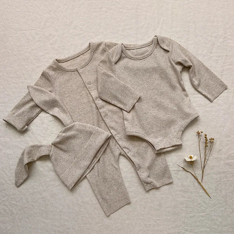 Baby-Jumpsuit für Herbst, einreihig, lang, für Jungen und Mädchen, farbig, aus Baumwolle, Strampler + Mütze mit Hasenohren, gepunkteter gerippter Strampler mit Streifen