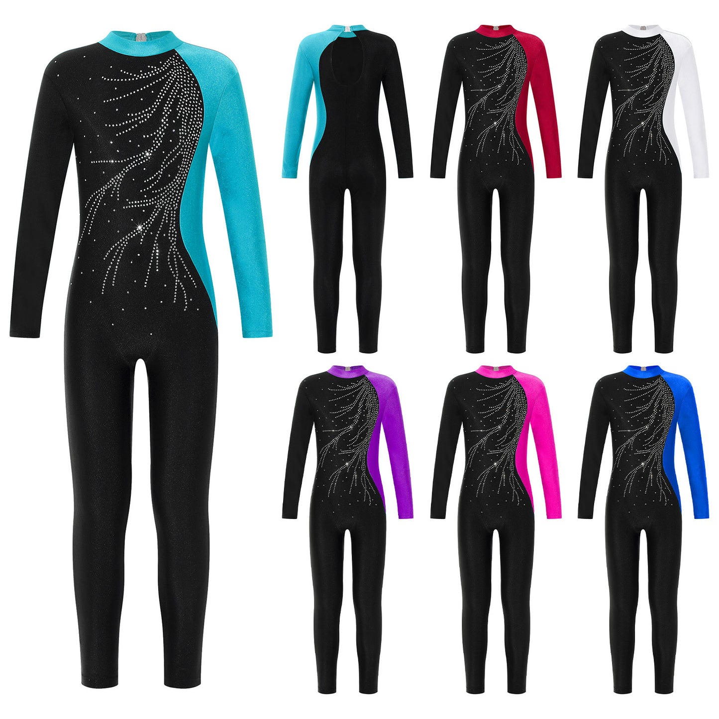 Kids Girls Long Sleeve Shiny Rhinestone Color Block Leotards Dance Gymnastic Jumpsuit for Yoga Unitards Biketards Sports Workout