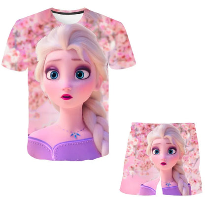 Anna Elsa Kids Suits Girls Summer Elsa Frozen Clothes Baby Sets Children Sleeve Clothing T-shirt Tee 2 3 5 7 8 9-14 Years