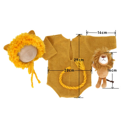 Newborn Photography Animal Costume Lion Doll Plush Hat Romper Tail 4pcs Outfits Boys Girls Infant Photo Shoot Prop Clothing