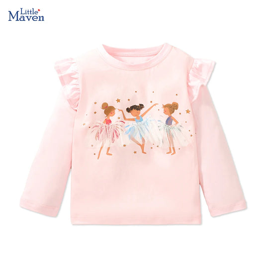 Little maven 2023 Kids Clothes Toddler Girls Children's Clothing Tops Cartoon Ballet Girls T-shirt Cotton