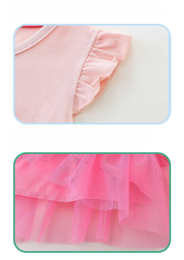 2024 Summer Girls Puff Sleeve Mesh Skirt Dress - Animal Cartoon Puffy Princess Cake Dress