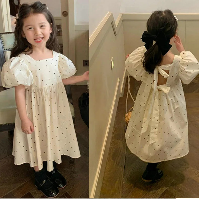 Girls' Dress Dotted Bubble Sleeve Lace up Dress Princess Dress Summer Party Princess Dress Children's Baby Kids Girls Clothing