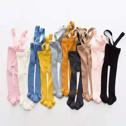 Tregren 0-3Years Newborn Baby Suspender Overall Pantyhose Solid Color High Waist Ribbed Knit Tights Infant Spring Fall Leggings