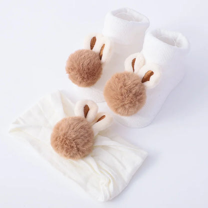 2Pcs Set Baby Socks and Headband - Cute Plush Ball Newborn Short Socks and Hairband Photo Props