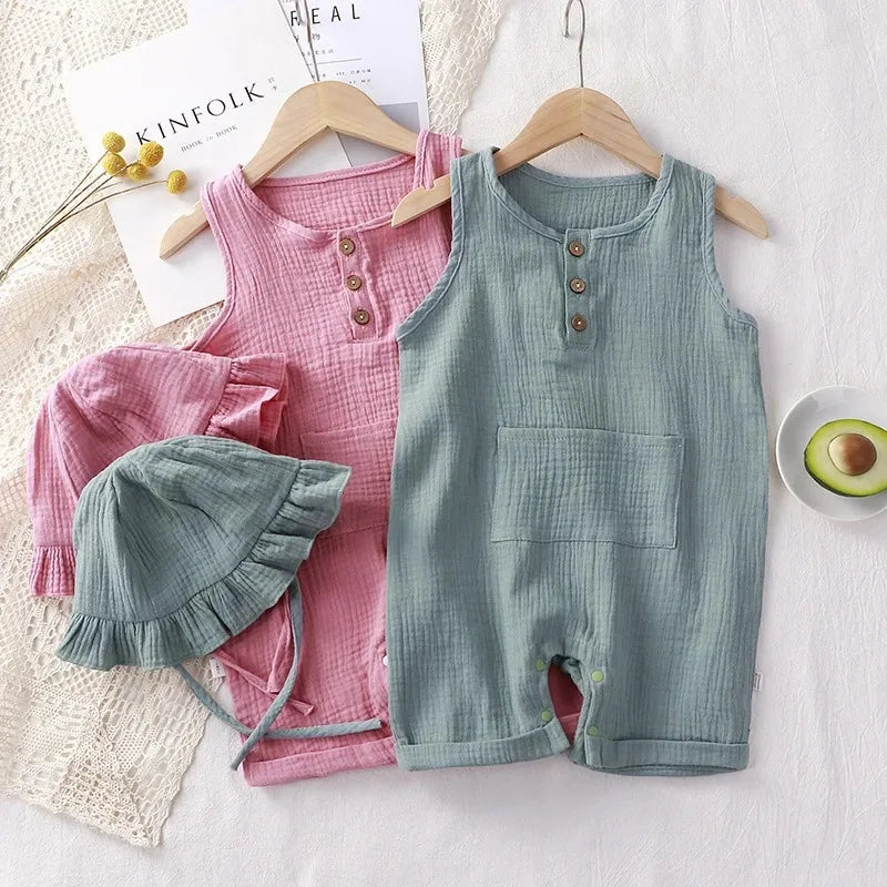 Muslin Baby Jumpsuit Hat Long Sleeve Cotton Toddler Romper for Boys Girls Solid Color Spring Autumn Baby Clothes Newborn Onesie