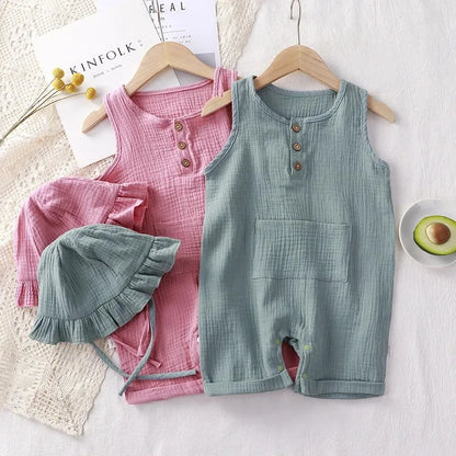 Musselin Baby-Overall Mütze Langarm Baumwolle Kleinkind Strampler für Jungen Mädchen Einfarbig Frühling Herbst Baby Kleidung Neugeborenen Onesie