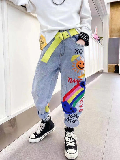 Boys' Jeans Spring and Autumn New Funny Head Medium and Big Children's Casual Children's Clothing Spring Loose Long Pants