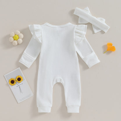 Newborn Infant Girls Solid Color Waffles Jumpsuits Baby Long Sleeve Ruffle Zipper Romper with Headband Sets Lace Baby Clothes