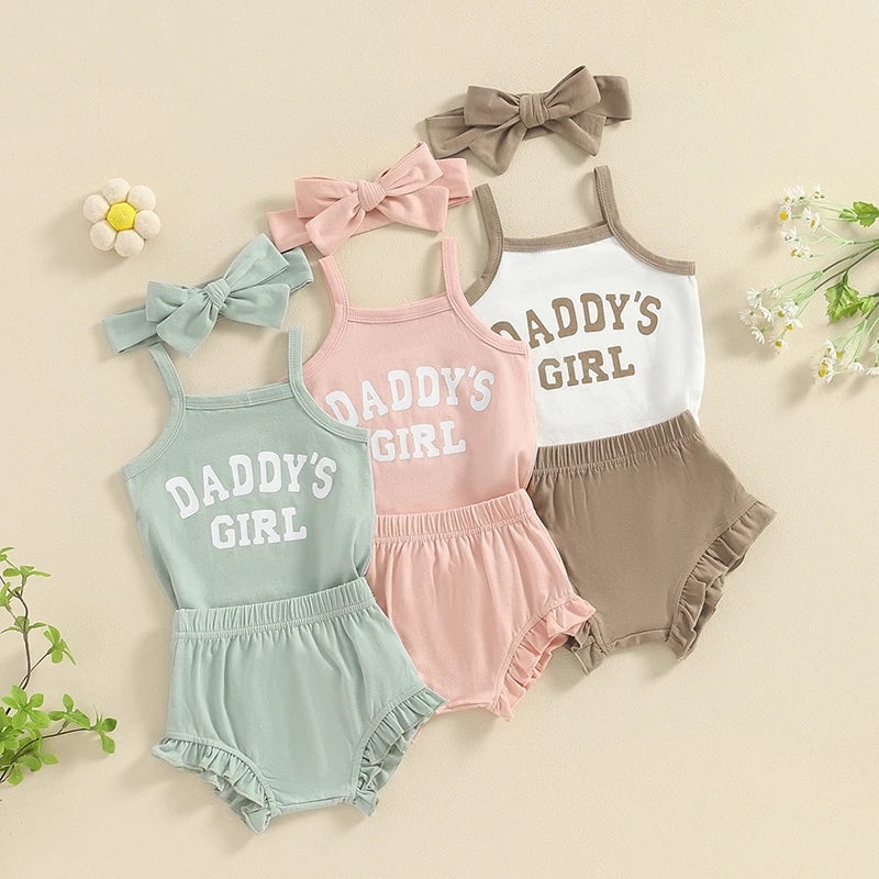 Neugeborenen-Set, Babykleidung für Mädchen, Sommer-Outfits mit Buchstaben-Aufdruck, Spaghettiträger, ärmellos, einfarbig, Shorts, Stirnband, 3-tlg.