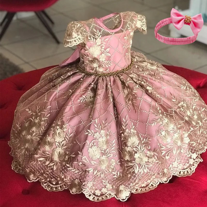 Baby Girl Dress for Birthday Party Flower Lace Vintage Luxury Dress for Kids Holiday Ceremony Costume Girls Princess Dress