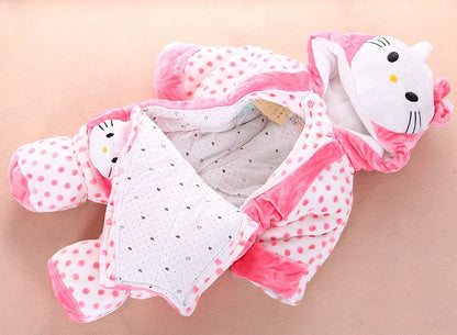 HelloKitty Mickey Mouse Baby Winter Jumpsuits Warm Fluffy Rompers For Infants Boys Girls Onesies Clothes With Hat Kids Sleepwear