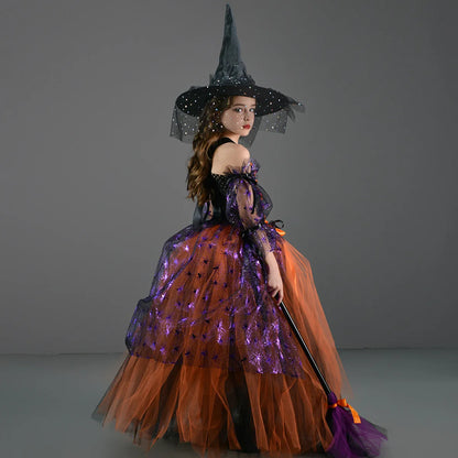 2024 Halloween Cospaly Hexe Mädchen Kostüm Kleid Deluxe Vestidos Party Kleid Kleid Kinder Dämon Königin Hexe Kleidung