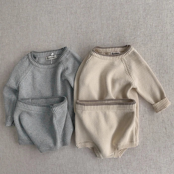 Korean Style Newborn Baby Boys Girls Clothing Set Long Sleeve Solid Color Knitted Pullover+Shorts Autumn Spring Clothes Suit