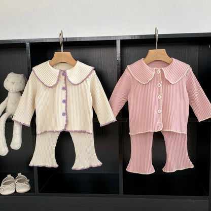 7395 Baby Clothing Set Autumn New Knitted Girl's Suit Lapel Long Sleeve Cardigan+Pant 0-3Year Kid's Two-piece Suit