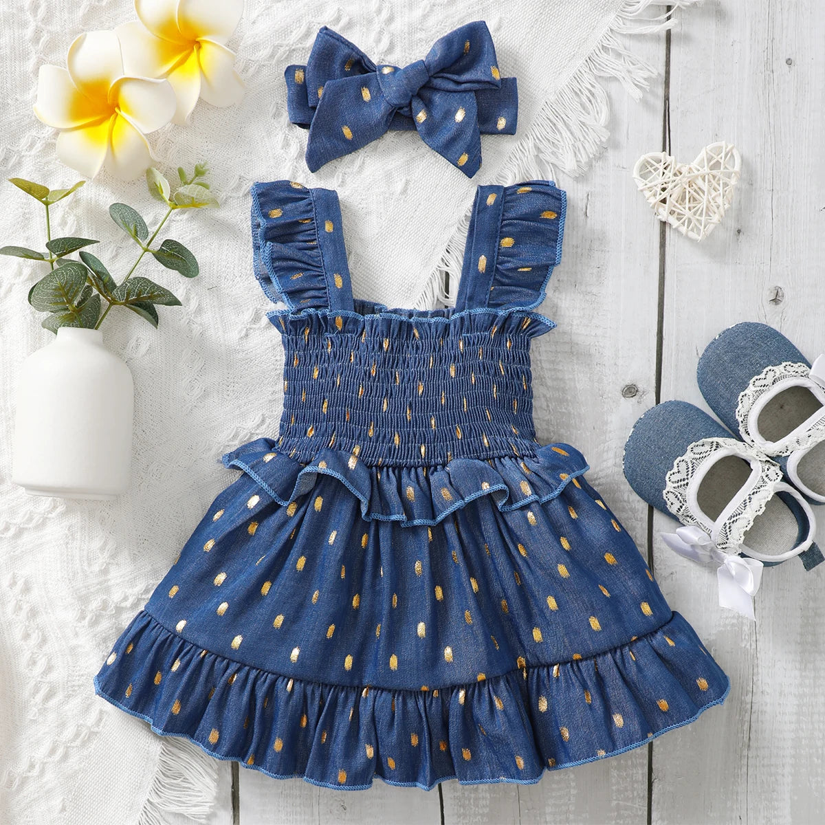 3-24Months Infant Baby Girl Golden Dot Slip Blue Dress Toddler Girl Summer Fashion Party Princess Dresses with Headband 2Pcs Set