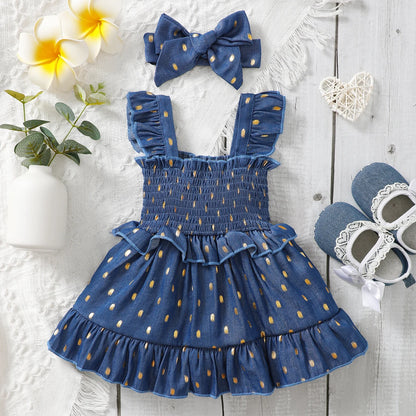 3-24Months Infant Baby Girl Golden Dot Slip Blue Dress Toddler Girl Summer Fashion Party Princess Dresses with Headband 2Pcs Set