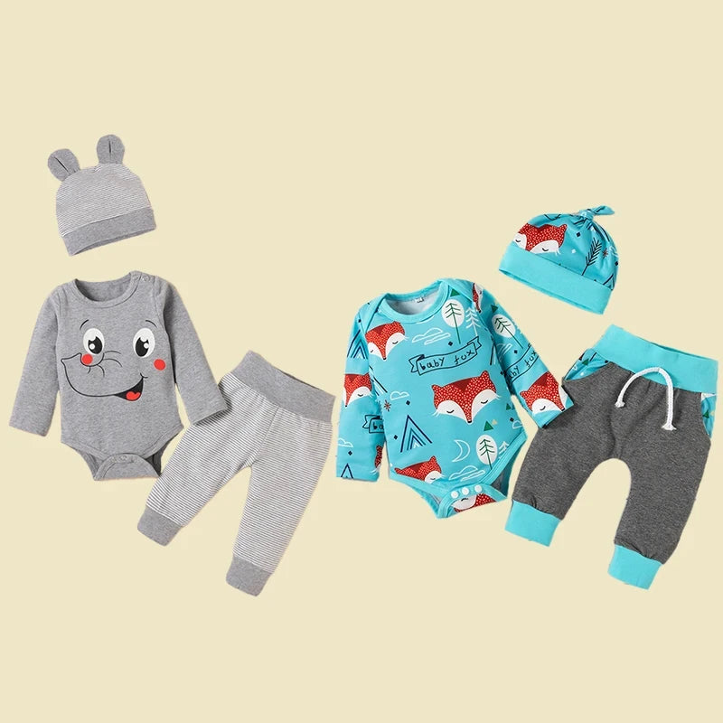 3PCS Autumn/Winter Children's Infant Creeper Bodysuit Cute Animal Print Elephant Fox  Pants Holiday Party Travel Clothing 0-24M