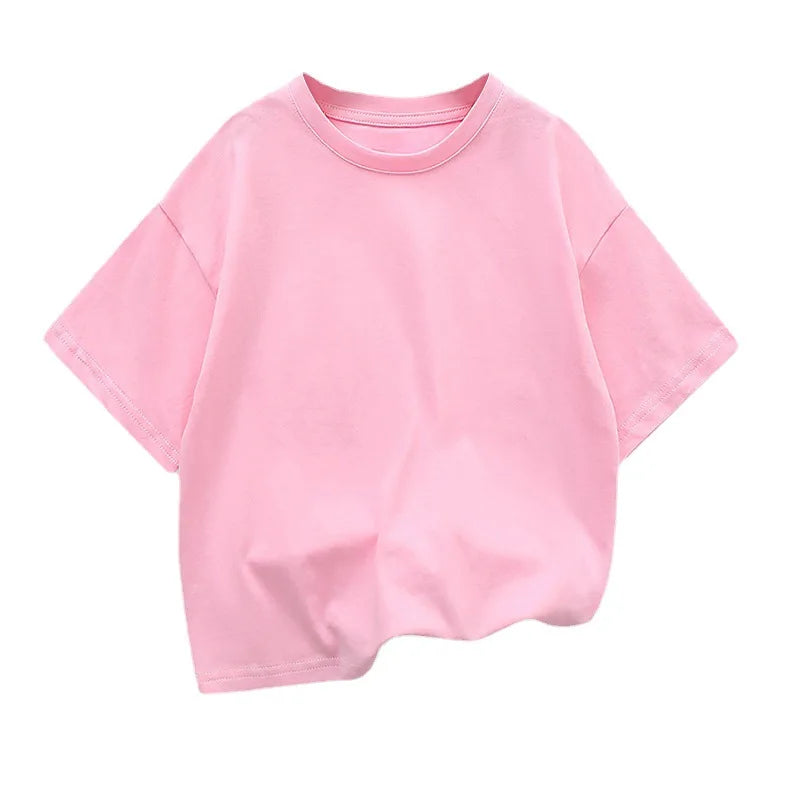 Kids Dropped Shoulder Short-sleeved T-shirt Summer New Pure Cotton Round Neck Loose Bottoming Shirt Student Sportswear 2-10Y