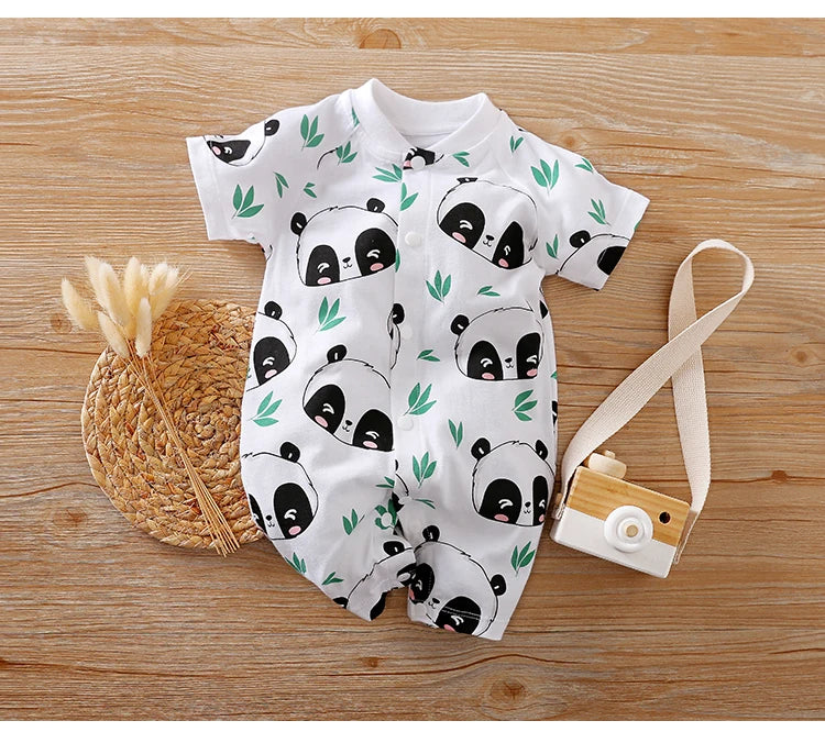 Newborn Clothes Cute Cartoon Panda Printed Cotton Comfortable And Soft Summer Boys And Girls 0-18 Short Sleeved Baby Jumpsuit