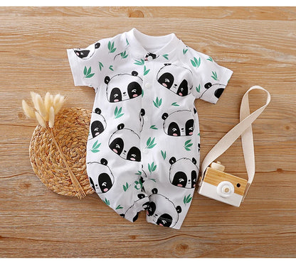 Neugeborenen-Kleidung, niedlicher Cartoon-Panda-Druck, Baumwolle, bequem und weich, Sommer, Jungen und Mädchen 0–18, kurzärmeliger Baby-Overall