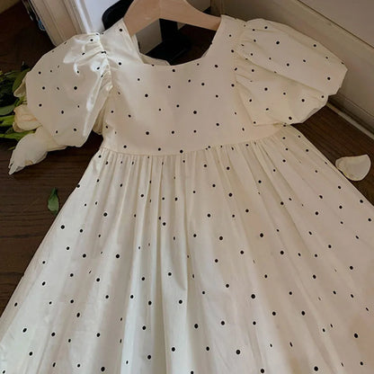 Girls' Dress Dotted Bubble Sleeve Lace up Dress Princess Dress Summer Party Princess Dress Children's Baby Kids Girls Clothing