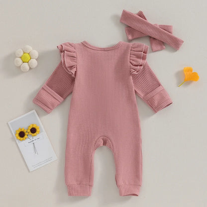 Neugeborenen Mädchen Einfarbig Waffeln Overalls Baby Langarm Rüschen Zipper Strampler mit Stirnband Sets Spitze Baby Kleidung