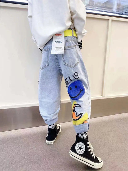 Boys' Jeans Spring and Autumn New Funny Head Medium and Big Children's Casual Children's Clothing Spring Loose Long Pants