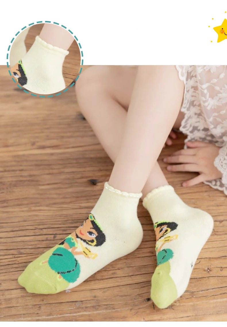 5 Paar Disney Cartoon Baby Mädchen Socken Schneewittchen Meerjungfrau Socken für Kinder Baumwollsocken Lustige süße Prinzessinnensocken 1-12 Jahre