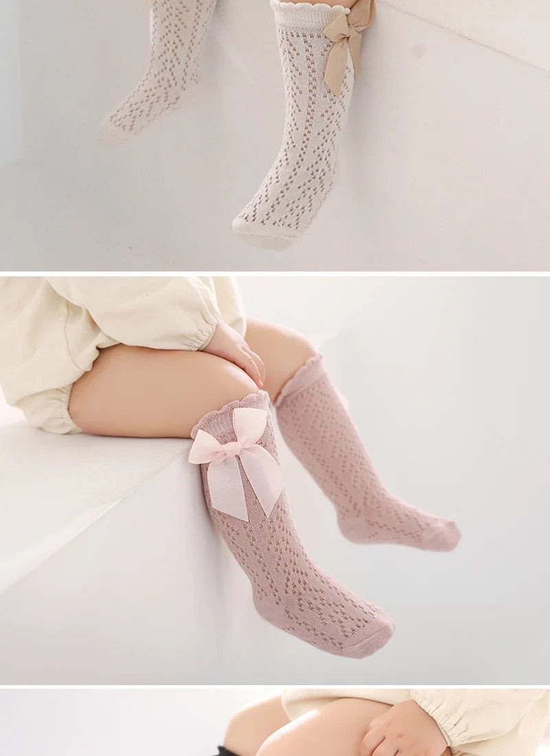 Cute Girls Knee High Socks Bows Cotton Breathable Soft Children Socks Hollow Out Non-slip Newborn Infant Long Mesh Socks 0-3Yrs