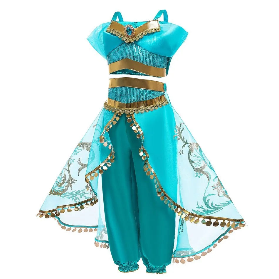 Children Aladdin Lamp Dress Kids Jasmine Costume Girls Birthday Princess Cosplay Shoulderless Outfit Carnival Clothes 3-10T