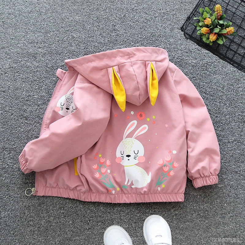 1 2 3 4 5 6 Years Baby Girls Jacket Cute Cartoon Animals Spring Autumn Boy Windbreaker Coat Hooded Zipper Outerwear Kids Clothes