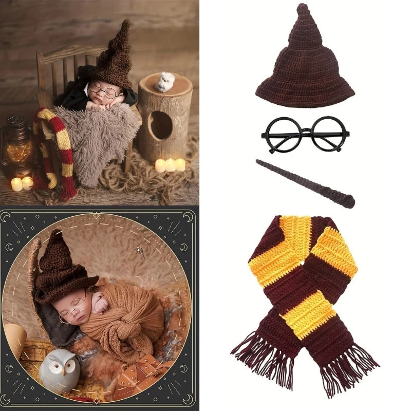 Infant Photography Outfit Wizard Costume Hat Accessories Set Posing Props Baby Witch Costume Newborn Clothes Shower Gift