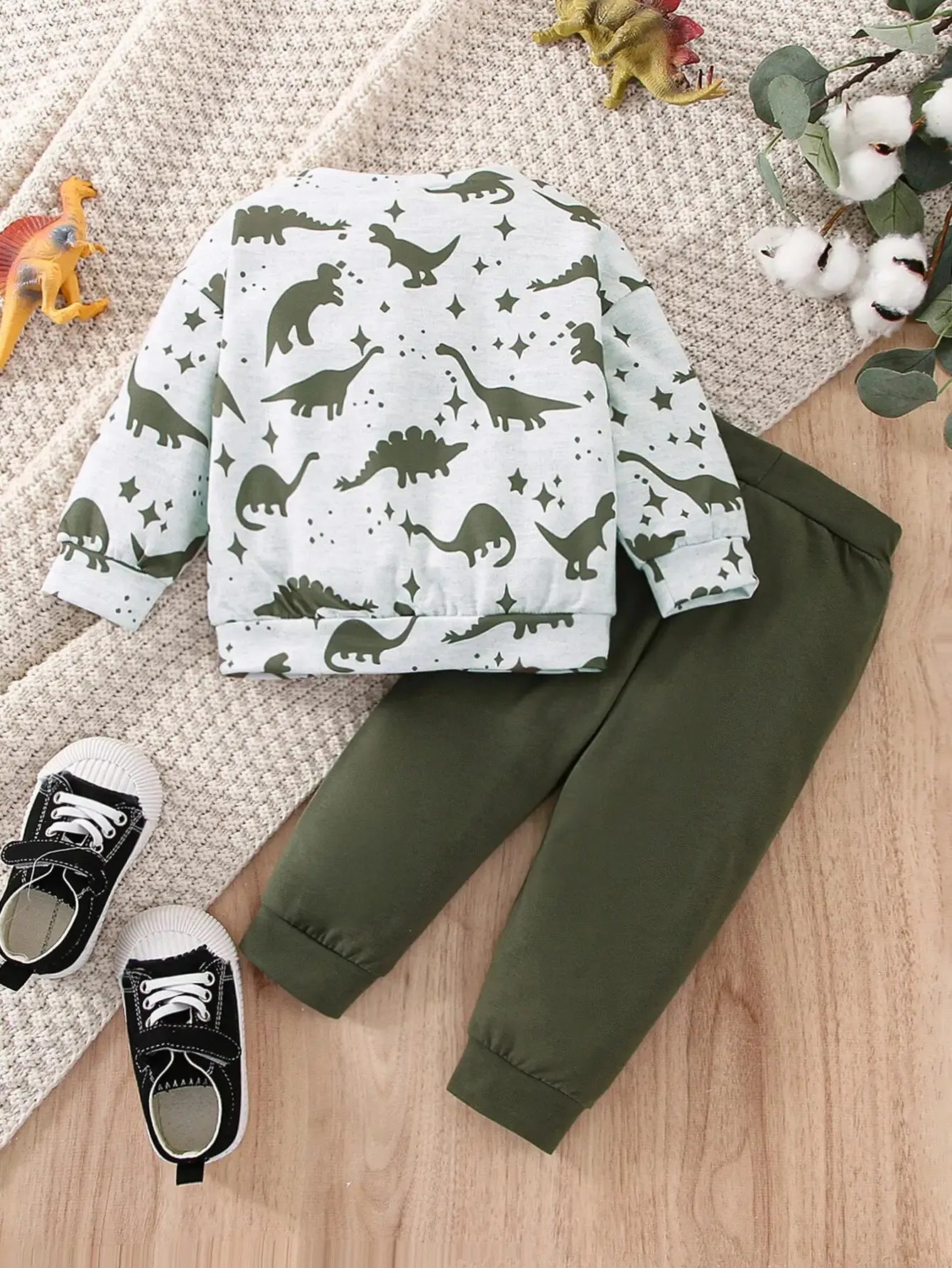 Spring and Autumn Two-Piece Baby Boy Sports Leisure Comfortable Dinosaur Pattern Long Sleeve Top Army Green Pants Suit