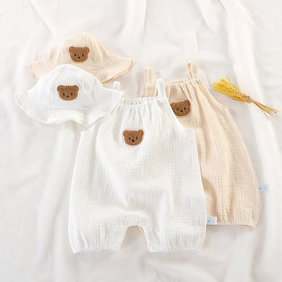 Baby-Overall für Neugeborene, Sommer, lässiger Einteiler für Jungen und Mädchen, Bären-Schlafanzug, Säuglingsgeburtstag, Musselin, Einteiler, weiß, beige, Strampler mit Mütze