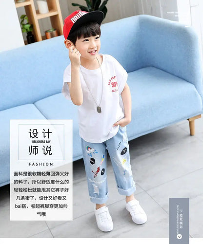 Boys' Jeans Spring and Autumn New Funny Head Medium and Big Children's Casual Children's Clothing Spring Loose Long Pants