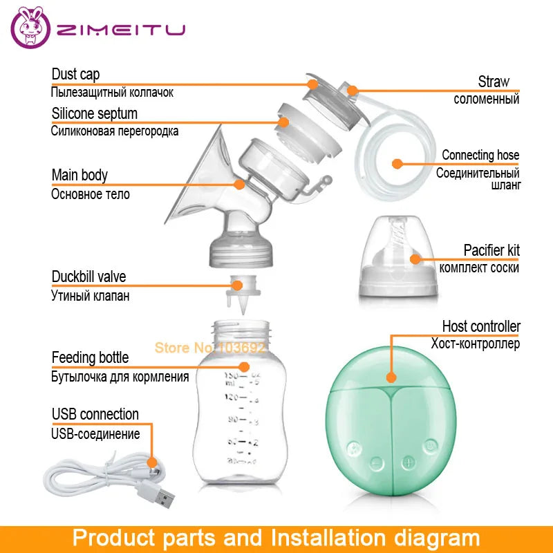 ZIMEITU Double Electric Breast Pumps Powerful Nipple Suction USB Electric Breast Pump with Baby Milk Bottle Cold Heat Pad Nippl