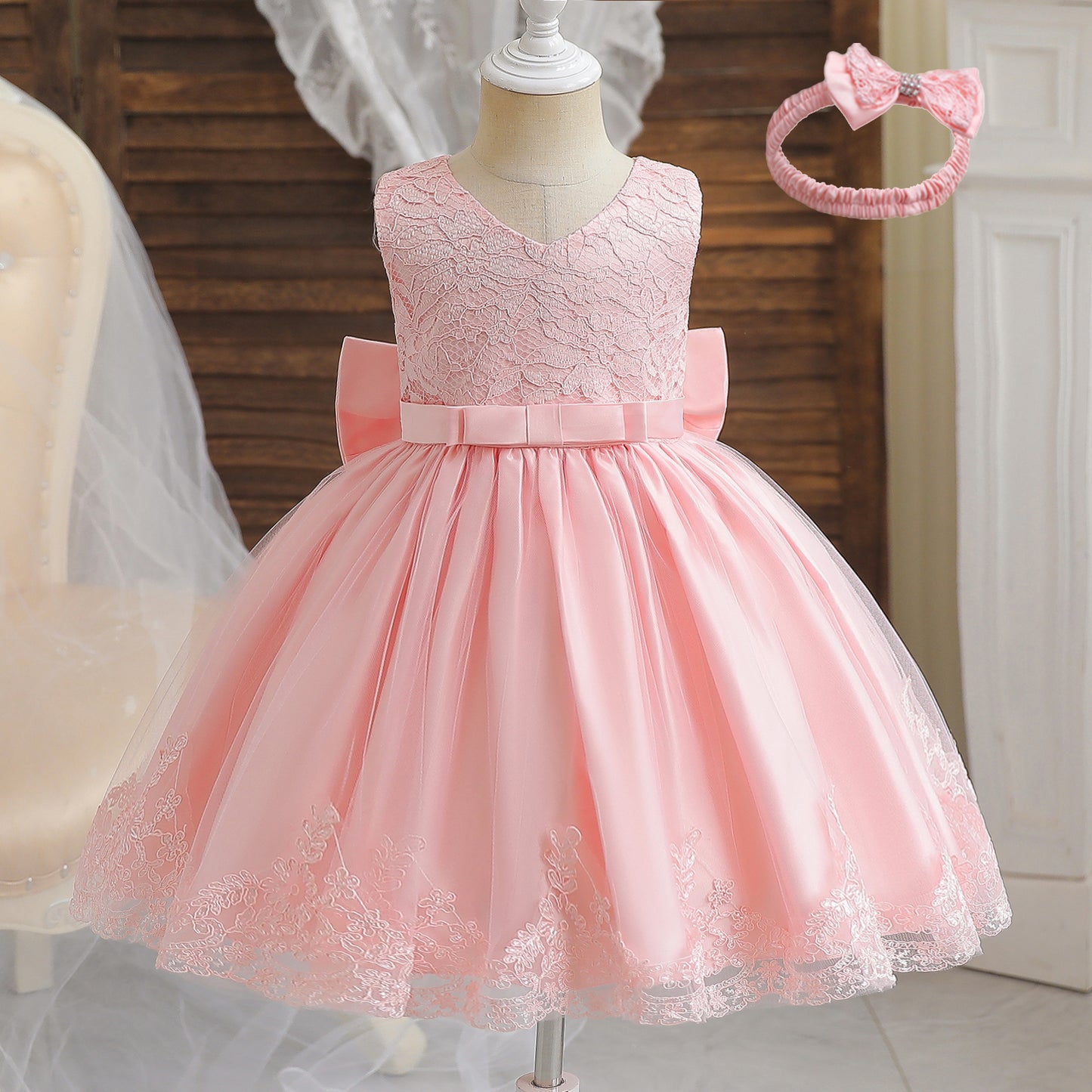 Girls Formal Wedding Party Dress for 1-5Y Infant Birthday Christening Lace Elegant Gown Christams Flower Dresses for Baby Girl