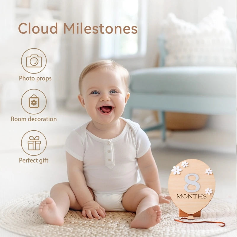 2Pcs Baby Wooden Balloon Milestone Cards - Photography Accessories for Newborns