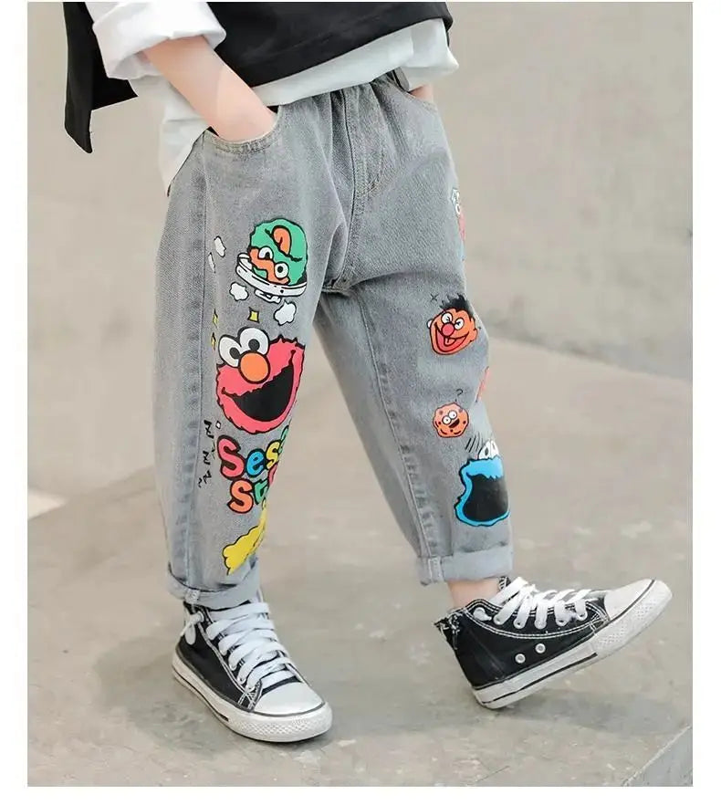 Boys' Jeans Spring and Autumn New Funny Head Medium and Big Children's Casual Children's Clothing Spring Loose Long Pants