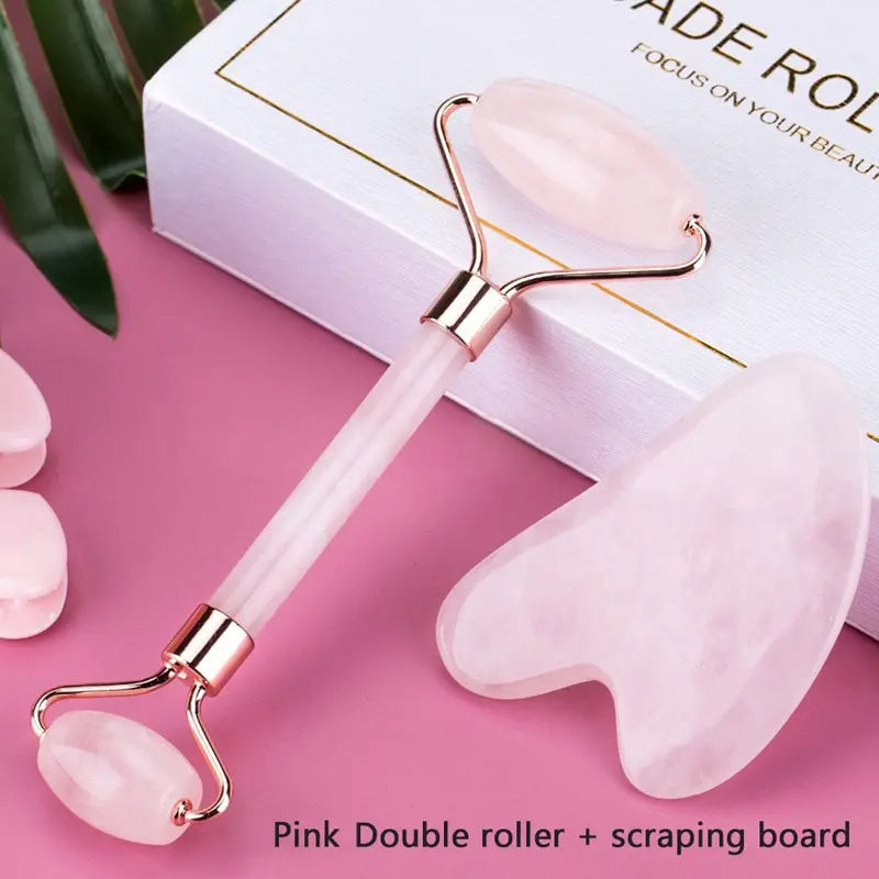 Pink Rose Quartz Massager Roller Gouache Scraper Set Crystal Stone Gua Sha Board Face Roller Skin Care Beauty Tool