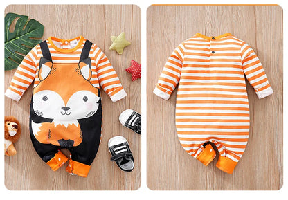 Babykleidung, süßer Cartoon-Fuchs-Druck, bequem und weich, 0-18 Jungen und Mädchen, Frühling und Herbst, langärmeliger Baby-Overall