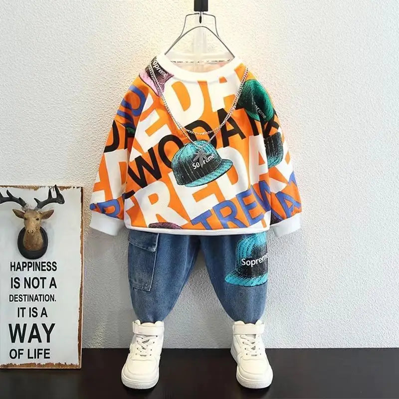 Autumn New Boys Spring and Autumn Suit Casual Wear Home Outing Sweatshirt Two-piece Fashionable Set