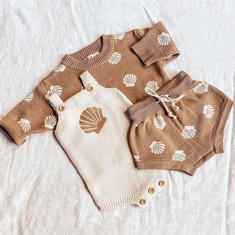 0-18M Baby Sommer Kleidung Set Neugeborenen Infant Shell Print Hosenträger Stricken Bodys Shorts Kleinkind Outfits Jungen Mädchen strickwaren