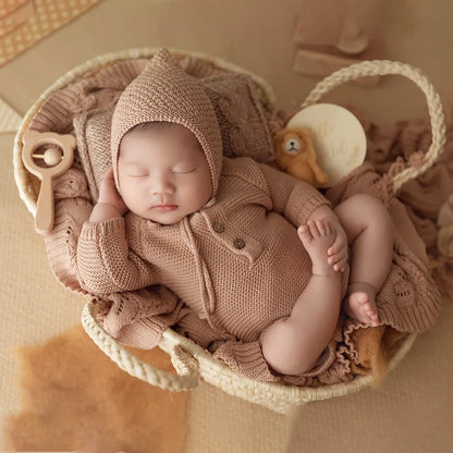 Straw Basket for Baby Photoshoot Newborn Baby Photography Props Woven Basket Studios Infant Photoshoot Posing Props With Handles