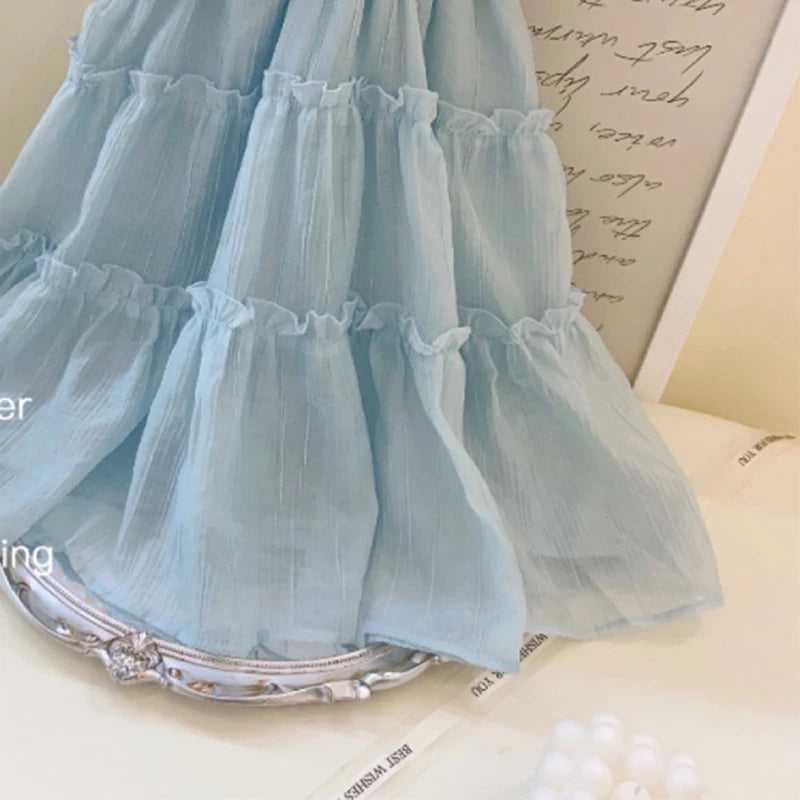 (0-3 Years Old) Summer Baby Girl Cotton Solid Color Suspender Thousand Layer Dress Girl Hanging Neck Princess Dress