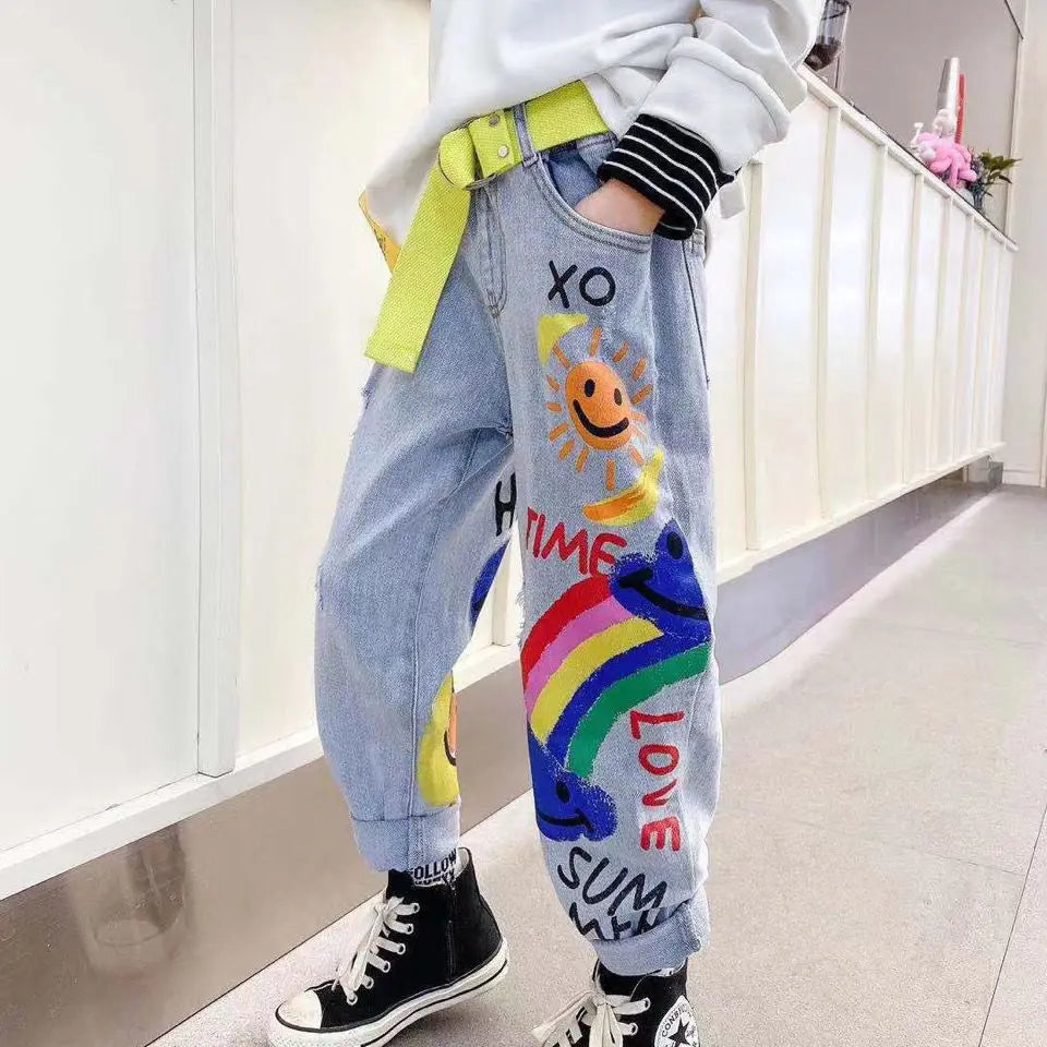 Boys' Jeans Spring and Autumn New Funny Head Medium and Big Children's Casual Children's Clothing Spring Loose Long Pants