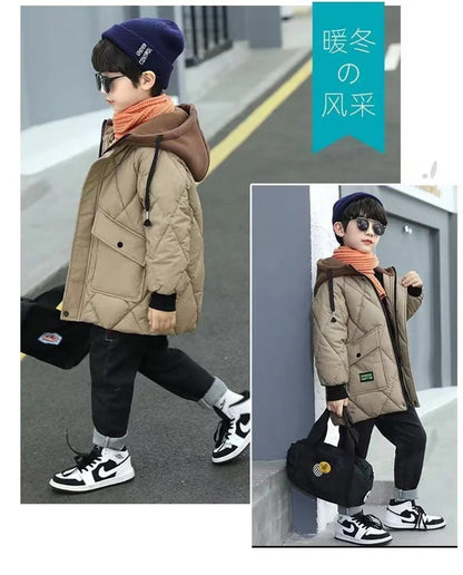 Winter Boys Outerwear Thicken Warm Coats Kids Plus Velvet Jackets Hooded Trends Overcoat 2023 Teens Casual Windproof Parkas