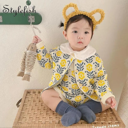 Frühling Babyanzug Kleidung, Baby Pullover mit Blumen, Mädchen Strickjacke + Overall Krabbelanzug Dreieck Hoodie Zweiteiler Set