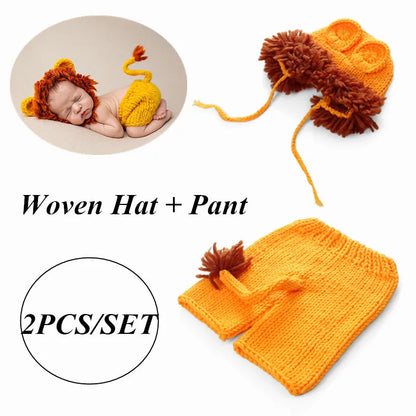 2 teile/satz Neugeborenen Fotografie Requisiten Baby Kostüm Set Lion Tier Häkeln Stricken Handgemachte Hosen Hut Baby Lion Anzug Fotografia